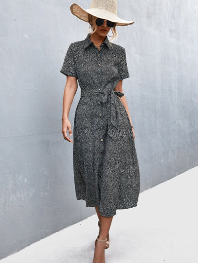 Printed Tie Waist Short Sleeve Shirt Dress - SHE BADDY© ONLINE WOMEN FASHION & CLOTHING STORE