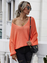 Rib-Knit Drop Shoulder V-Neck Pullover Sweater - SHE BADDY© ONLINE WOMEN FASHION & CLOTHING STORE