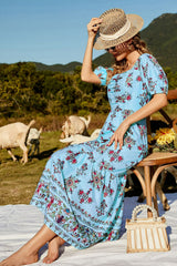 Floral Ruched Puff Sleeve Tiered Maxi Dress - SHE BADDY© ONLINE WOMEN FASHION & CLOTHING STORE