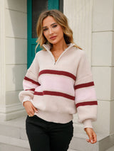 Striped Quarter-Zip Lantern Sleeve Sweater - SHE BADDY© ONLINE WOMEN FASHION & CLOTHING STORE