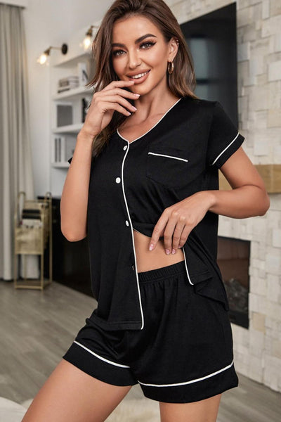 Contrast Piping Button-Up Top and Shorts Pajama Set - SHE BADDY© ONLINE WOMEN FASHION & CLOTHING STORE