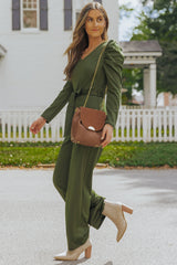 Belted Long Puff Sleeve V-Neck Jumpsuit - SHE BADDY© ONLINE WOMEN FASHION & CLOTHING STORE