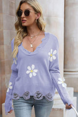 Flower Distressed Ribbed Trim Sweater - SHE BADDY© ONLINE WOMEN FASHION & CLOTHING STORE