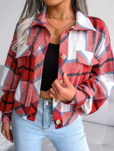 Plaid Collared Neck Drop Shoulder Jacket - SHE BADDY© ONLINE WOMEN FASHION & CLOTHING STORE