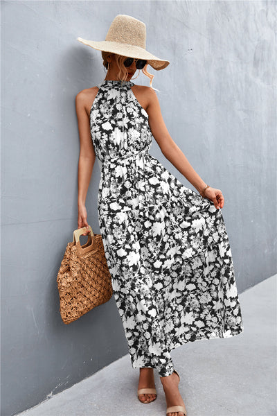 Printed Sleeveless Tie Waist Maxi Dress - SHE BADDY© ONLINE WOMEN FASHION & CLOTHING STORE