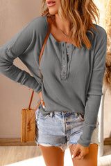 Half Button Waffle Knit Long Sleeve Top - SHE BADDY© ONLINE WOMEN FASHION & CLOTHING STORE