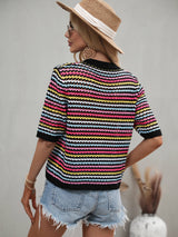 Striped Openwork Half Sleeve Knit Top - SHE BADDY© ONLINE WOMEN FASHION & CLOTHING STORE