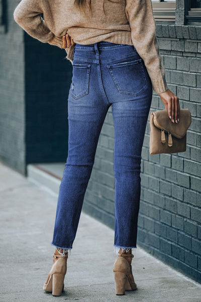 High Waist Raw Hem Skinny Jeans - SHE BADDY© ONLINE WOMEN FASHION & CLOTHING STORE