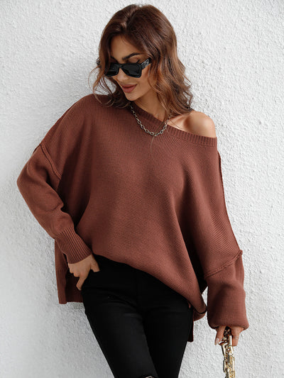 Exposed Seam Dropped Shoulder Slit Sweater - SHE BADDY© ONLINE WOMEN FASHION & CLOTHING STORE