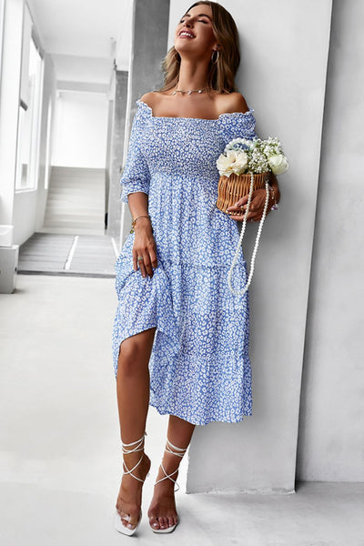Ditsy Floral Off-Shoulder Smocked Midi Dress - SHE BADDY© ONLINE WOMEN FASHION & CLOTHING STORE