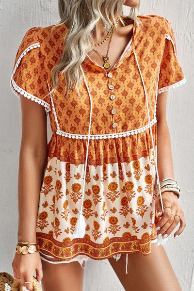 Bohemian Tie Neck Buttoned Blouse - SHE BADDY© ONLINE WOMEN FASHION & CLOTHING STORE