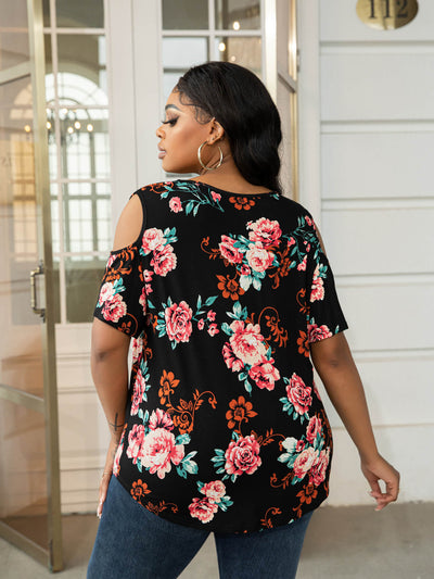 Plus Size Cold-Shoulder Round Neck Curved Hem Tee - SHE BADDY© ONLINE WOMEN FASHION & CLOTHING STORE