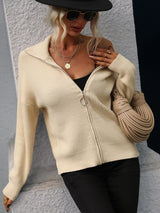 Rib-Knit Zip Up Collared Cardigan - SHE BADDY© ONLINE WOMEN FASHION & CLOTHING STORE