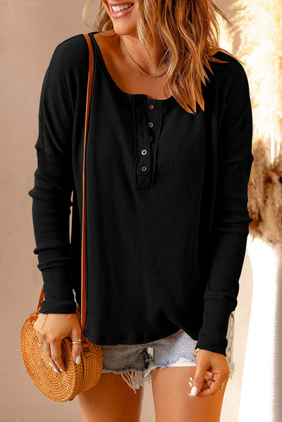 Half Button Waffle Knit Long Sleeve Top - SHE BADDY© ONLINE WOMEN FASHION & CLOTHING STORE