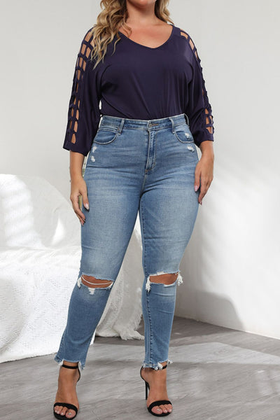 Plus Size Cutout Three-Quarter Sleeve Blouse - SHE BADDY© ONLINE WOMEN FASHION & CLOTHING STORE