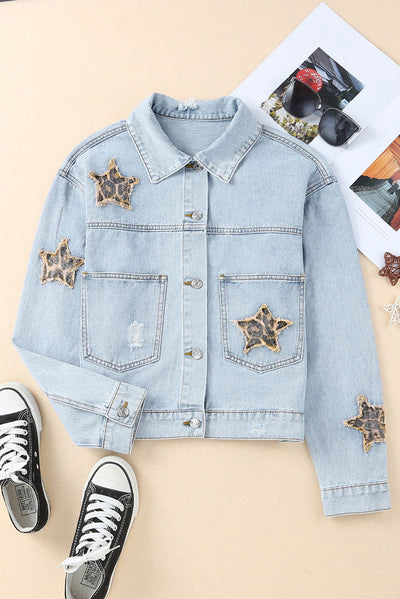 Leopard Star Applique Distressed Denim Jacket - SHE BADDY© ONLINE WOMEN FASHION & CLOTHING STORE