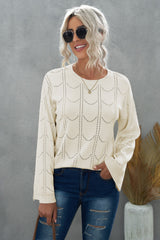 Openwork Flare Sleeve Pullover Sweater - SHE BADDY© ONLINE WOMEN FASHION & CLOTHING STORE