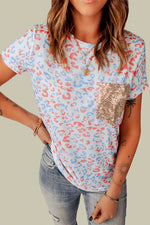 Leopard Contrast Sequin Short Sleeve Tee - SHE BADDY© ONLINE WOMEN FASHION & CLOTHING STORE