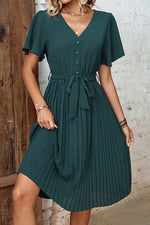 Buttoned V-Neck Flutter Sleeve Pleated Dress - SHE BADDY© ONLINE WOMEN FASHION & CLOTHING STORE