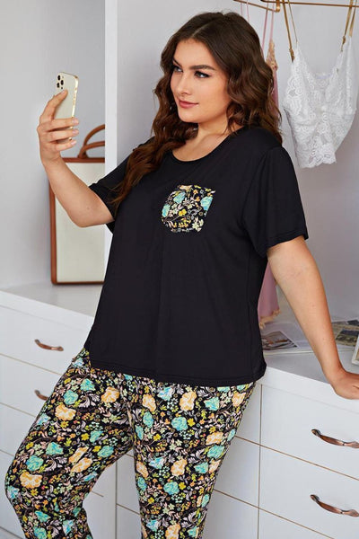 Plus Size Contrast Round Neck Tee and Floral Pants Lounge Set - SHE BADDY© ONLINE WOMEN FASHION & CLOTHING STORE