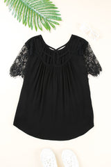 Strappy Neck Spliced Lace Eyelash Trim Blouse - SHE BADDY© ONLINE WOMEN FASHION & CLOTHING STORE