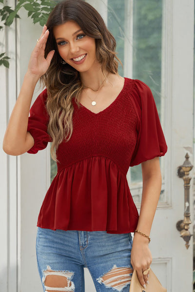 Smocked Balloon Sleeve Peplum Blouse - SHE BADDY© ONLINE WOMEN FASHION & CLOTHING STORE