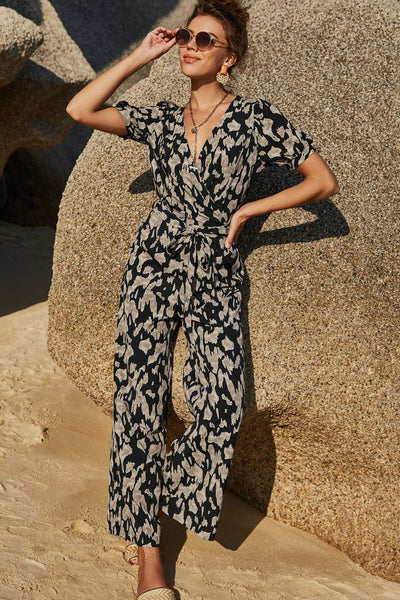 Printed Tie-Waist Surplice Jumpsuit - SHE BADDY© ONLINE WOMEN FASHION & CLOTHING STORE