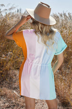 Multicolored Drawstring Waist V-Neck Dress - SHE BADDY© ONLINE WOMEN FASHION & CLOTHING STORE