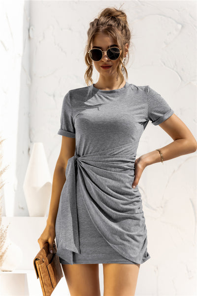 Round Neck Cuffed Sleeve Side Tie Dress - SHE BADDY© ONLINE WOMEN FASHION & CLOTHING STORE