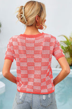 Checkered Short Sleeve Knit Top - SHE BADDY© ONLINE WOMEN FASHION & CLOTHING STORE