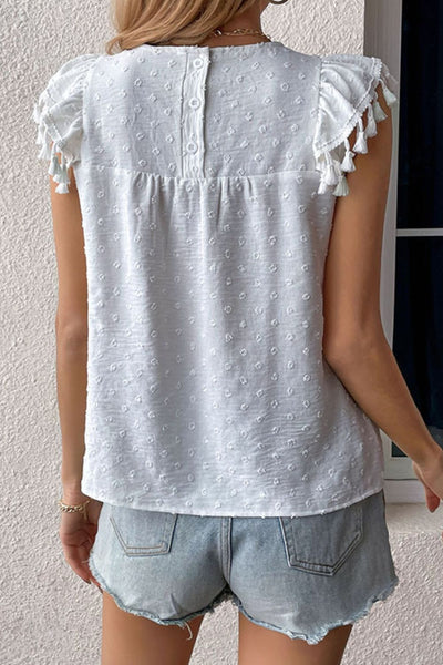 Swiss Dot Tassel Detail Round Neck Blouse - SHE BADDY© ONLINE WOMEN FASHION & CLOTHING STORE