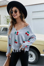 Cherry Pattern Frayed Trim V-Neck Sweater - SHE BADDY© ONLINE WOMEN FASHION & CLOTHING STORE