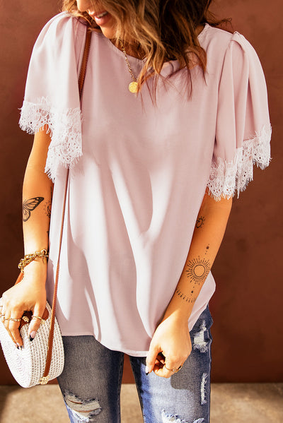 Lace Trim Flutter Sleeve Blouse - SHE BADDY© ONLINE WOMEN FASHION & CLOTHING STORE