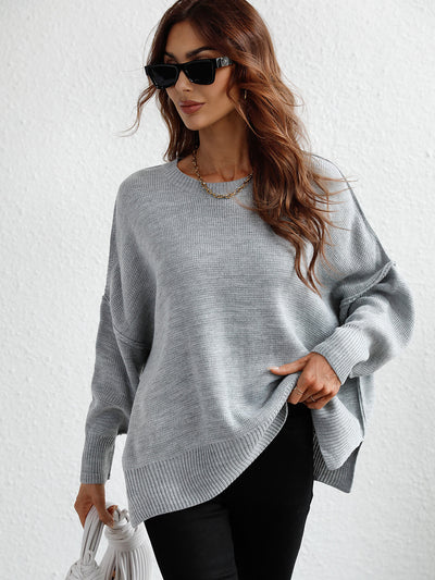 Exposed Seam Dropped Shoulder Slit Sweater - SHE BADDY© ONLINE WOMEN FASHION & CLOTHING STORE