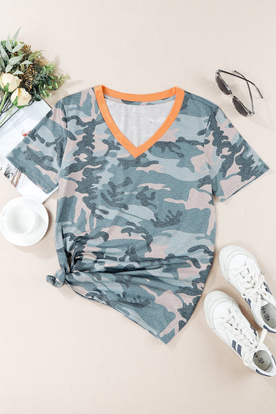 Camouflage Two-Tone V-Neck Tee - SHE BADDY© ONLINE WOMEN FASHION & CLOTHING STORE