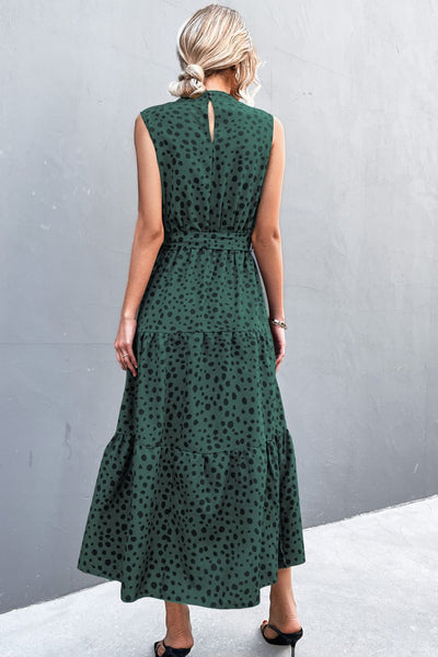 Printed Mock Neck Sleeveless Belted Tiered Dress - SHE BADDY© ONLINE WOMEN FASHION & CLOTHING STORE