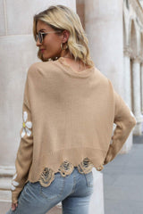 Flower Distressed Ribbed Trim Sweater - SHE BADDY© ONLINE WOMEN FASHION & CLOTHING STORE
