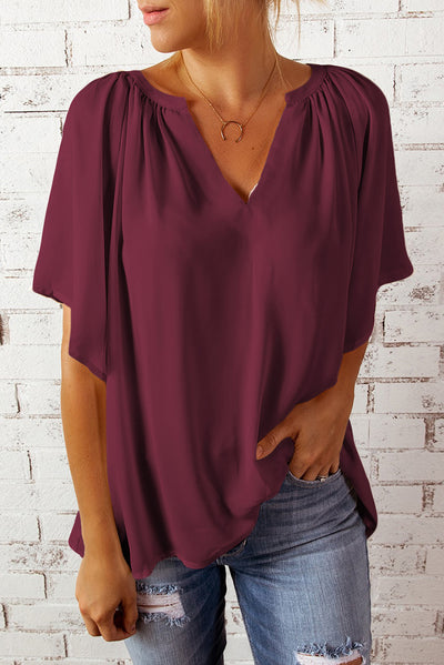 Gathered Detail Notched Neck Flutter Sleeve Top - SHE BADDY© ONLINE WOMEN FASHION & CLOTHING STORE