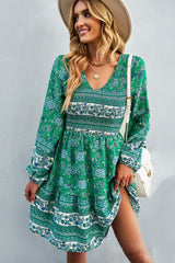 Bohemian V-Neck Balloon Sleeve Dress - SHE BADDY© ONLINE WOMEN FASHION & CLOTHING STORE