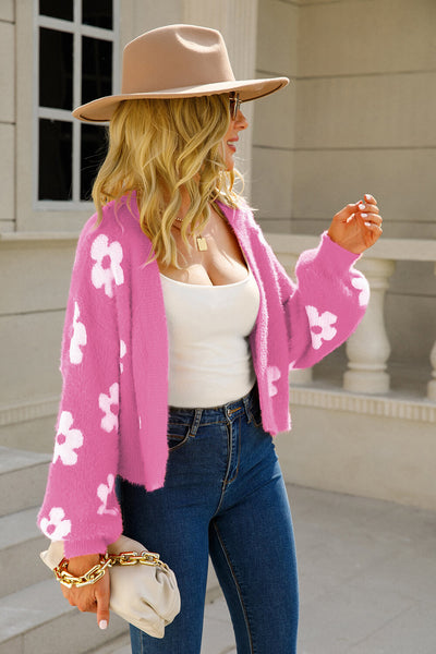 Floral Open Front Fuzzy Cardigan - SHE BADDY© ONLINE WOMEN FASHION & CLOTHING STORE