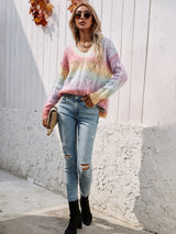 Tie-Dye V-Neck Drop Shoulder Pullover Sweater - SHE BADDY© ONLINE WOMEN FASHION & CLOTHING STORE