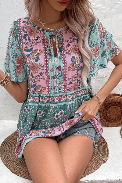 Bohemian Tie-Neck Flutter Sleeve Blouse - SHE BADDY© ONLINE WOMEN FASHION & CLOTHING STORE