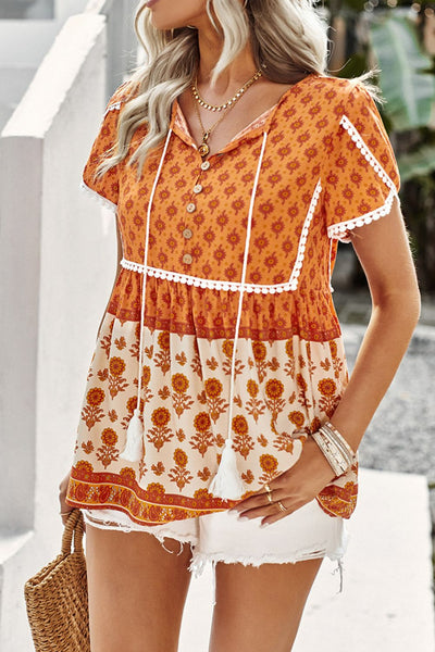 Bohemian Tie Neck Buttoned Blouse - SHE BADDY© ONLINE WOMEN FASHION & CLOTHING STORE