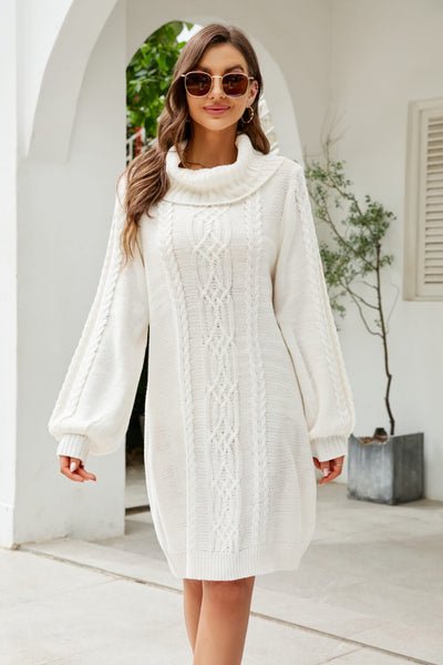 Mixed Knit Turtleneck Lantern Sleeve Sweater Dress - SHE BADDY© ONLINE WOMEN FASHION & CLOTHING STORE