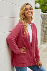 Button Front Plunge Cardigan with Front Pockets - SHE BADDY© ONLINE WOMEN FASHION & CLOTHING STORE