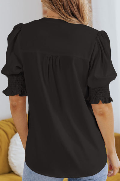 Smocked Flounce Sleeve Notched Neck Blouse - SHE BADDY© ONLINE WOMEN FASHION & CLOTHING STORE