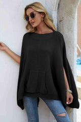 Waffle-Knit Cloak Sleeve Pocket Sweater - SHE BADDY© ONLINE WOMEN FASHION & CLOTHING STORE