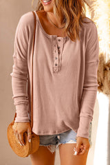 Half Button Waffle Knit Long Sleeve Top - SHE BADDY© ONLINE WOMEN FASHION & CLOTHING STORE