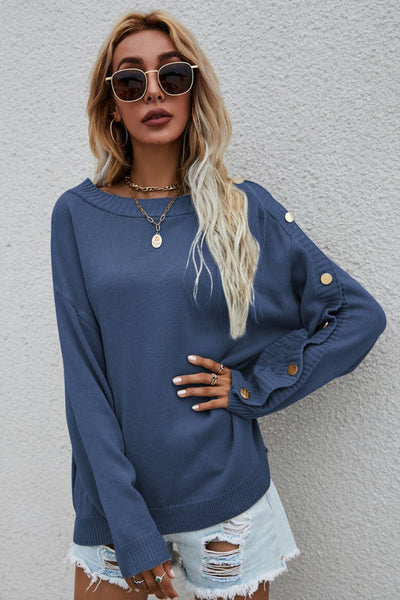 Button Detail Boat Neck Sweater - SHE BADDY© ONLINE WOMEN FASHION & CLOTHING STORE