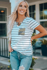 Striped Notched Neck T-Shirt - SHE BADDY© ONLINE WOMEN FASHION & CLOTHING STORE